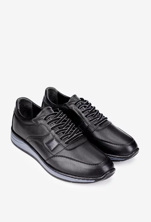 Pantofi barbati din piele naturala neagra cu siret negru cu alb