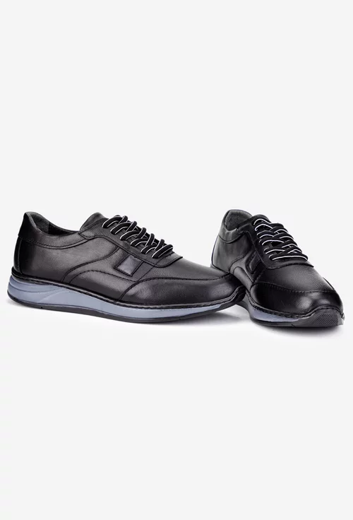 Pantofi barbati din piele naturala neagra cu siret negru cu alb