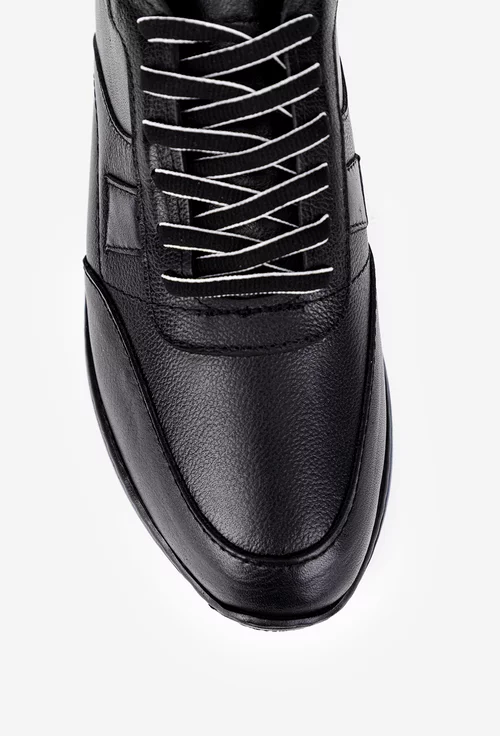 Pantofi barbati din piele naturala neagra cu siret negru cu alb