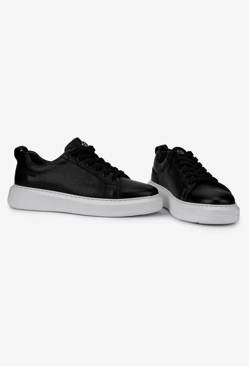 Pantofi barbati din piele naturala neagra cu talpa alba