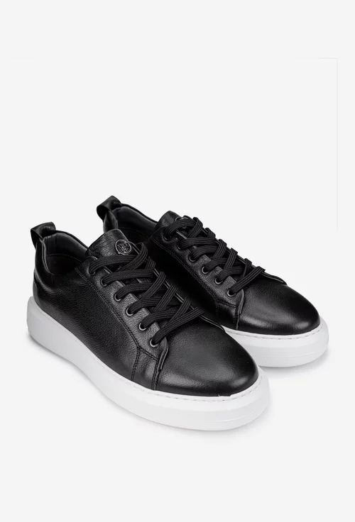 Pantofi barbati din piele naturala neagra cu talpa alba
