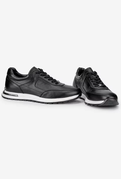 Pantofi barbati din piele naturala neagra cu talpa alba