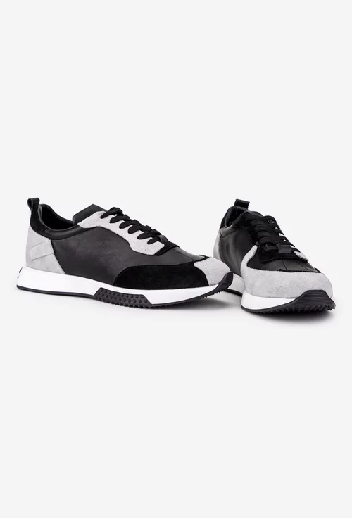 Pantofi barbati din piele neagra cu detalii gri