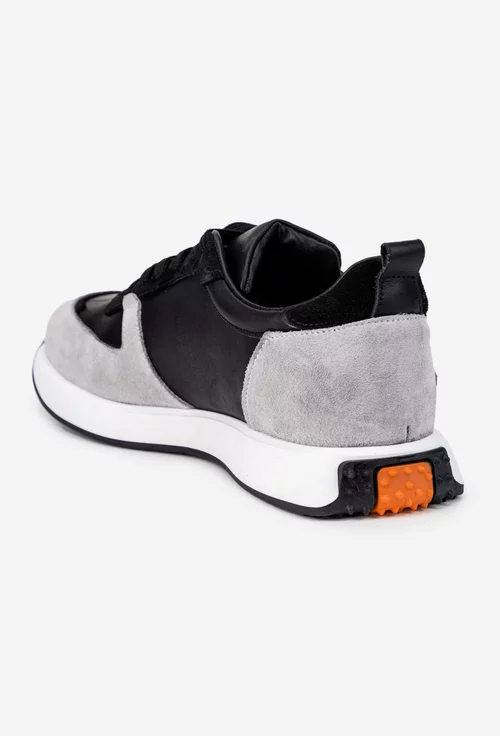 Pantofi barbati din piele neagra cu detalii gri