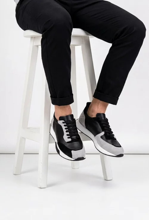 Pantofi barbati din piele neagra cu detalii gri