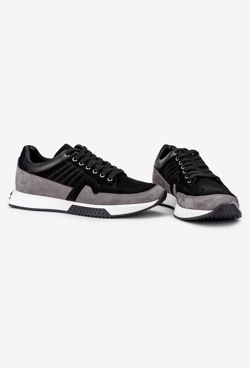Pantofi barbati din piele neagra cu gri