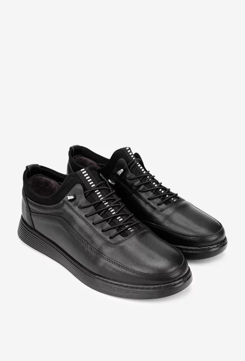 Pantofi barbati din piele neagra cu material textil