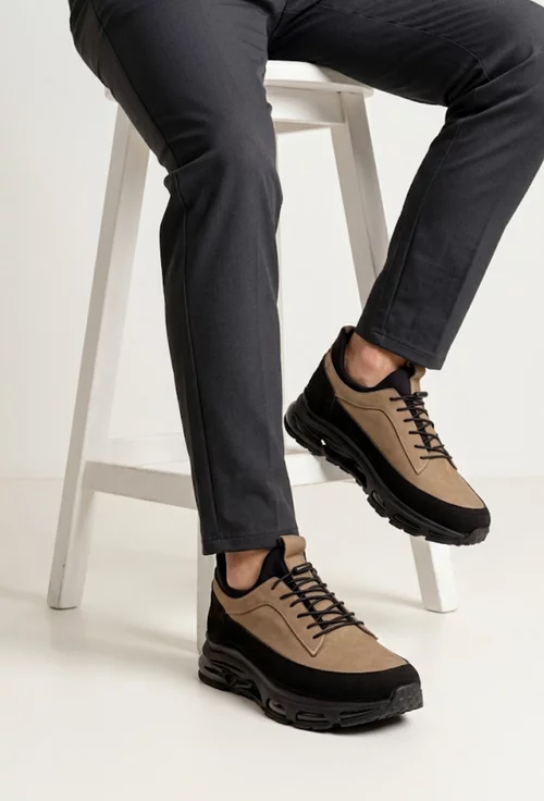 Pantofi barbati din piele taupe cu negru