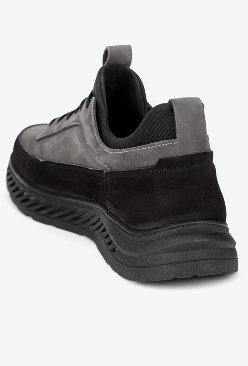 Pantofi barbati gri cu negru din piele nabuc si material textil