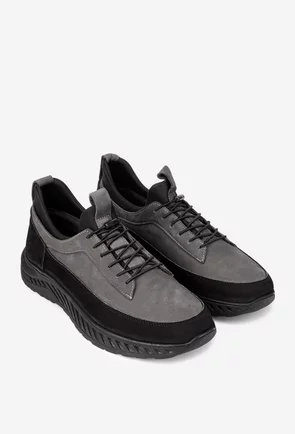 Pantofi barbati gri cu negru din piele nabuc si material textil
