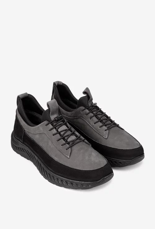 Pantofi barbati gri cu negru din piele nabuc si material textil