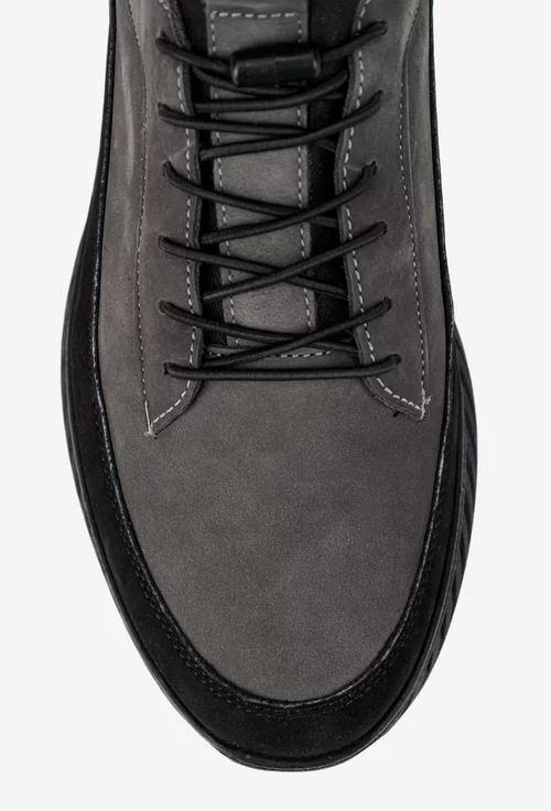 Pantofi barbati gri cu negru din piele nabuc si material textil