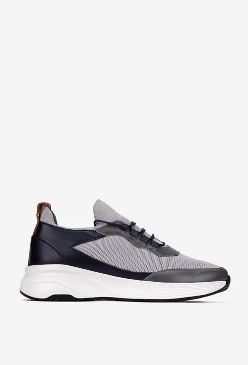 Pantofi barbati gri cu negru din piele si material textil