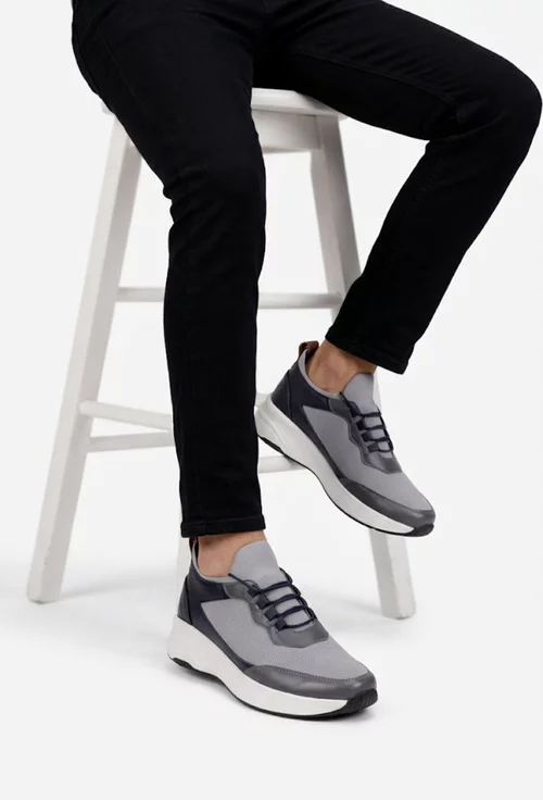 Pantofi barbati gri cu negru din piele si material textil
