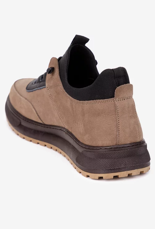 Pantofi barbati maro cu negru din piele nabuc si material textil