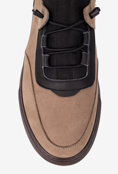 Pantofi barbati maro cu negru din piele nabuc si material textil