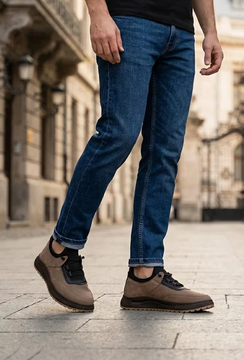 Pantofi barbati maro cu negru din piele nabuc si material textil