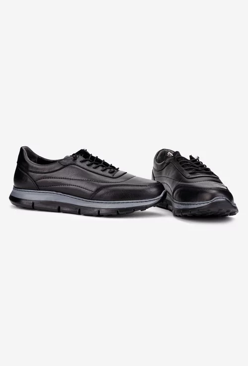 Pantofi barbati negri din piele naturala cu siret elastic
