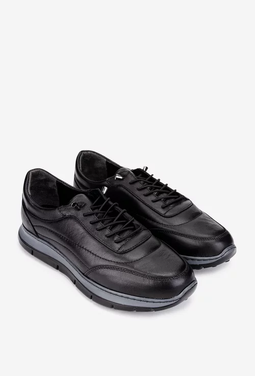 Pantofi barbati negri din piele naturala cu siret elastic