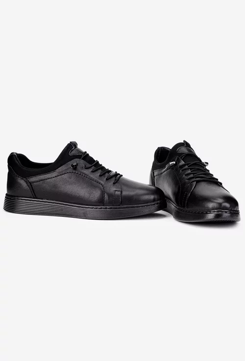 Pantofi barbati negri din piele naturala cu siret elastic