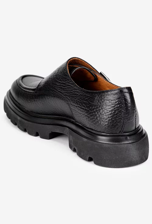Pantofi barbati negri din piele texturata cu catarame metalice