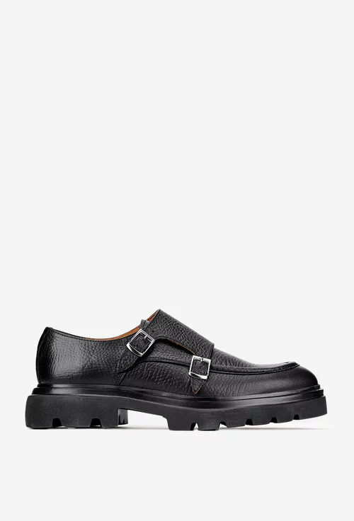 Pantofi barbati negri din piele texturata cu catarame metalice