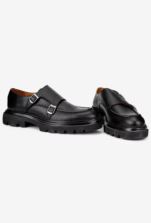 Pantofi barbati negri din piele texturata cu catarame metalice
