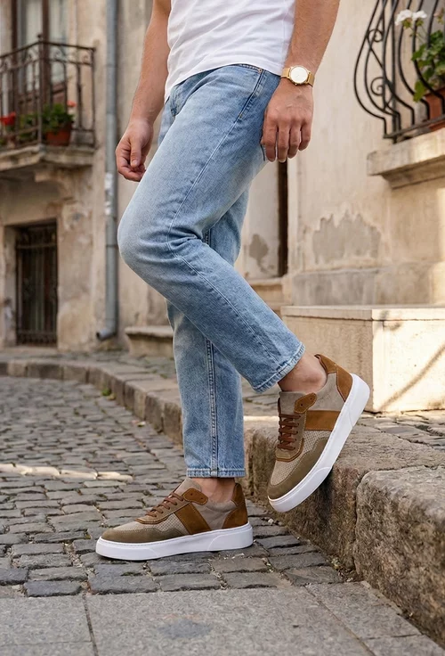 Pantofi barbati NUR din piele bej cu taupe si maro