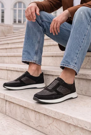 Pantofi barbati NUR din piele nabuc si croco neagra