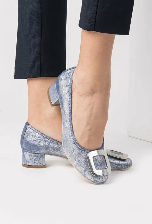 Pantofi bleu cu argintiu din piele naturala Silvia