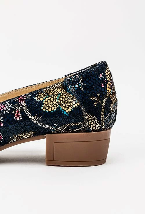 Pantofi bleumarin din piele naturala cu imprimeu floral colorat Rafaela