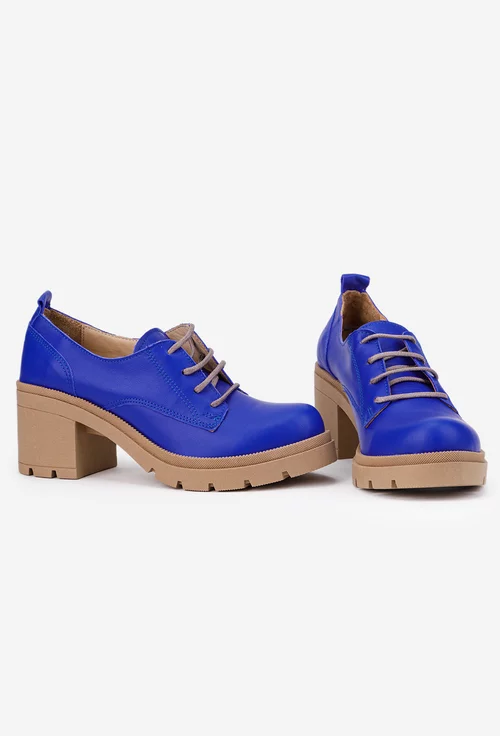 Pantofi dama albastri din piele naturala cu toc masiv