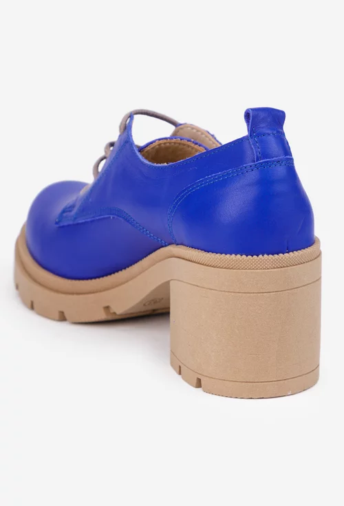 Pantofi dama albastri din piele naturala cu toc masiv