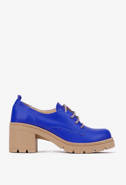 Pantofi dama albastri din piele naturala cu toc masiv