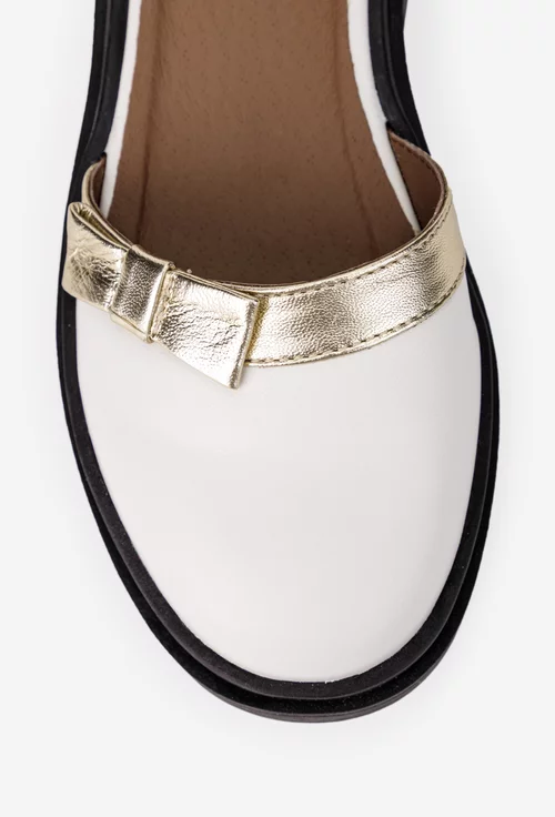 Pantofi dama albi cu auriu din piele naturala cu funda