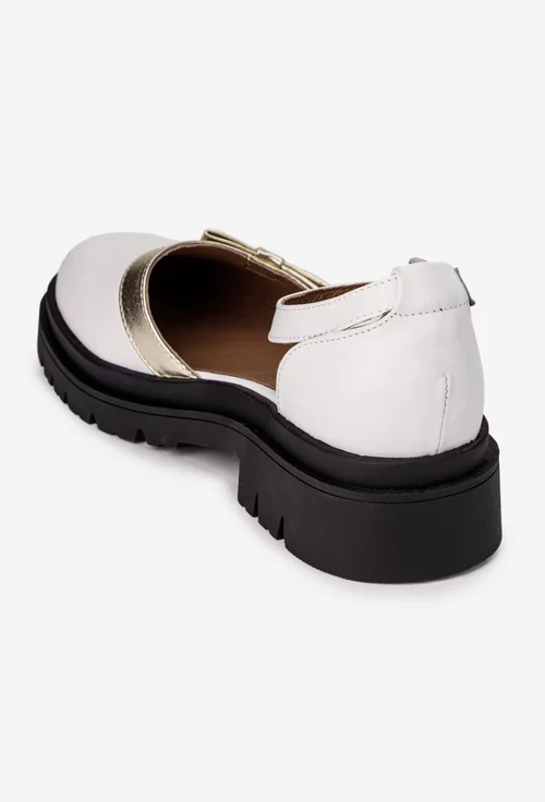 Pantofi dama albi cu auriu din piele naturala cu funda