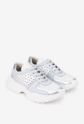 Pantofi dama albi cu bleu din piele naturala cu insertii sclipitoare