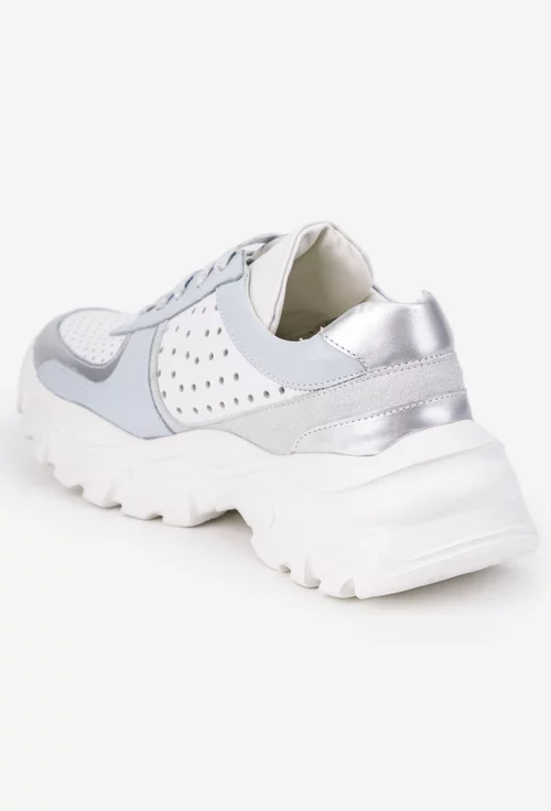 Pantofi dama albi cu bleu din piele naturala cu insertii sclipitoare