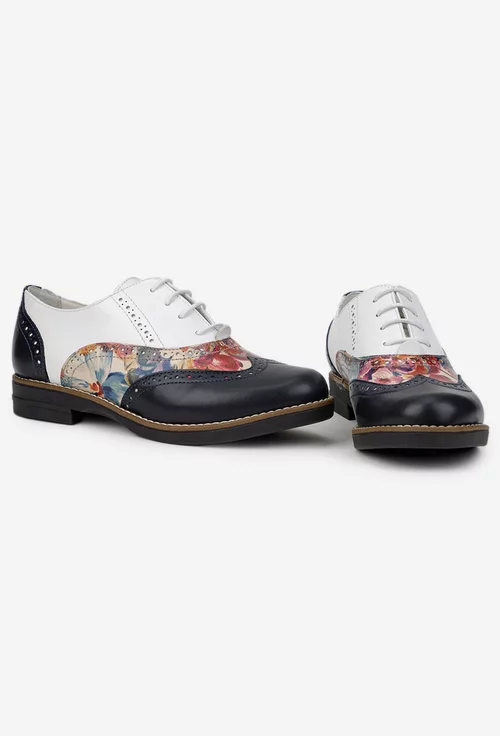 Pantofi dama albi cu bleumarin din piele cu detalii florale