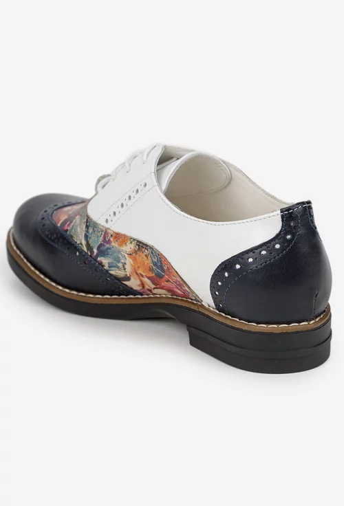 Pantofi dama albi cu bleumarin din piele cu detalii florale