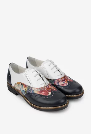 Pantofi dama albi cu bleumarin din piele cu detalii florale