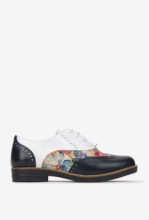 Pantofi dama albi cu bleumarin din piele cu detalii florale