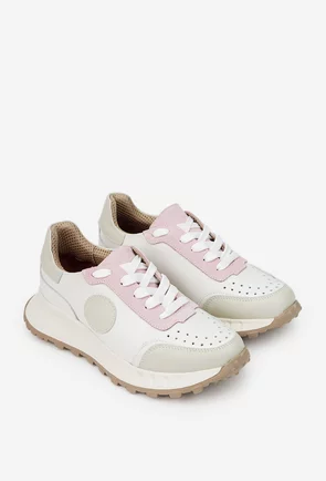 Pantofi dama albi cu detalii colorate din piele