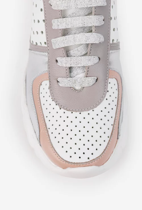 Pantofi dama albi cu detalii colorate din piele naturala