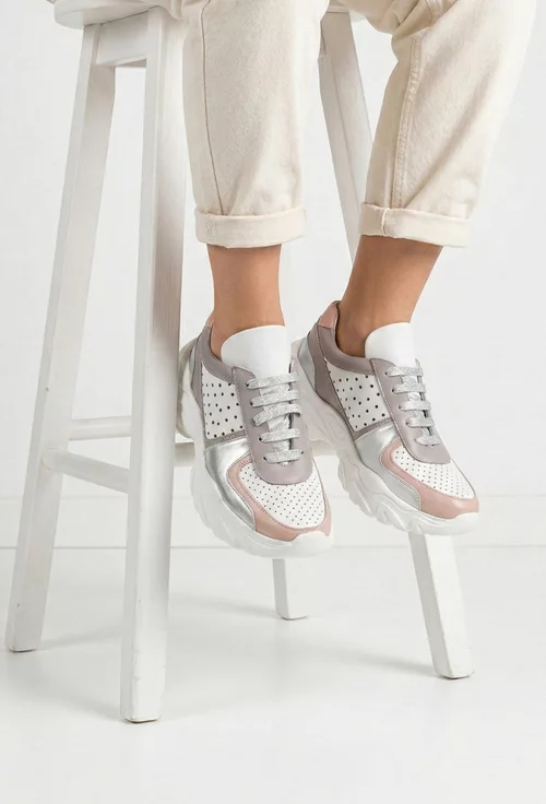 Pantofi dama albi cu detalii colorate din piele naturala