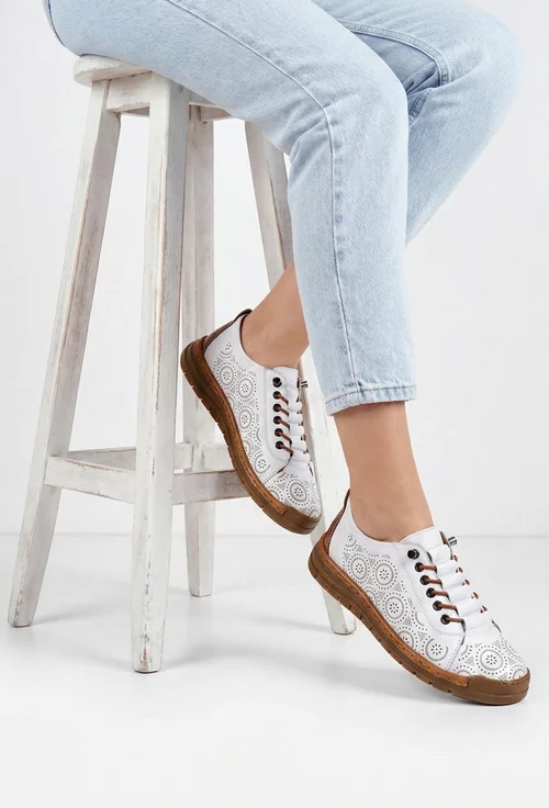 Pantofi dama albi cu maro din piele naturala cu model perforat