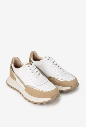 Pantofi dama albi cu taupe din piele