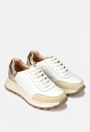 Pantofi dama albi din piele cu detalii bej si aurii