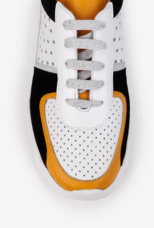 Pantofi dama albi din piele cu detalii colorate