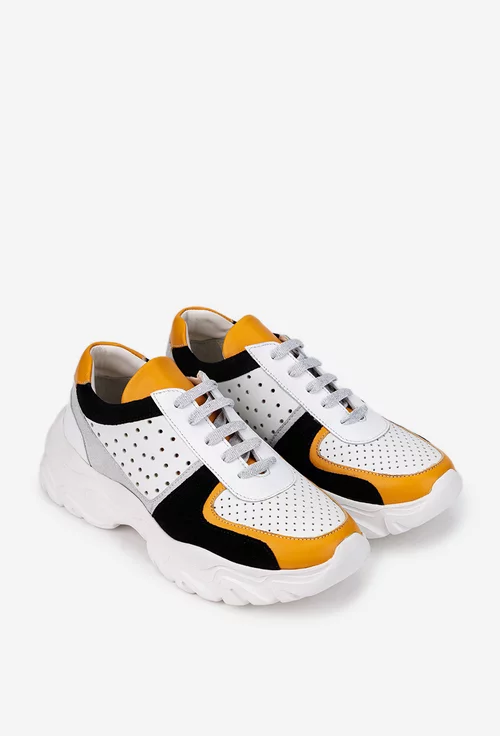 Pantofi dama albi din piele cu detalii colorate